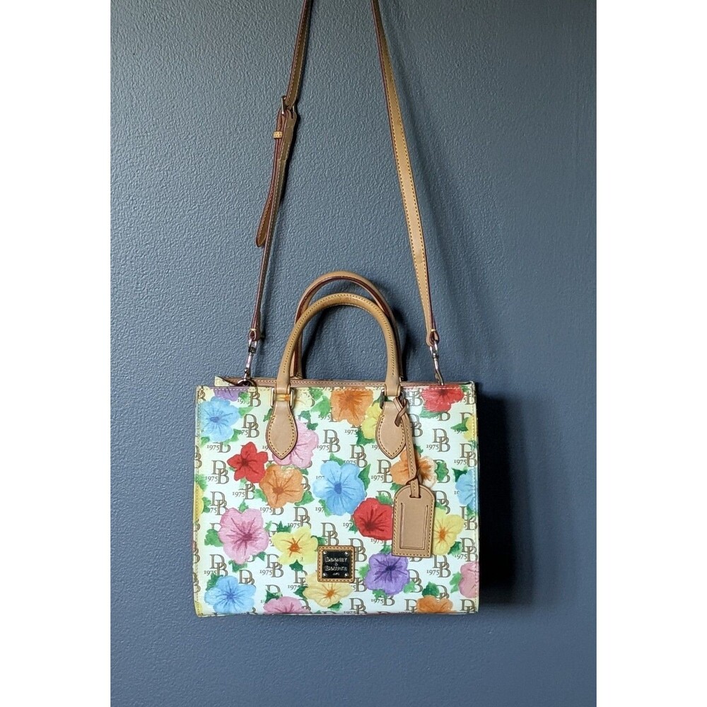 Dooney & Bourke Janine Hibiscus Floral Satchel Crossbody Bag Leather Trim EUC
